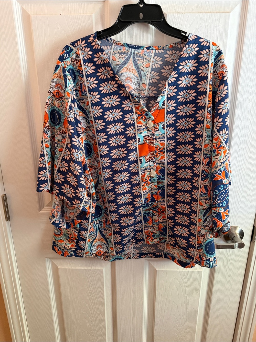 Navy Floral Paisley V-Neck Women's Top